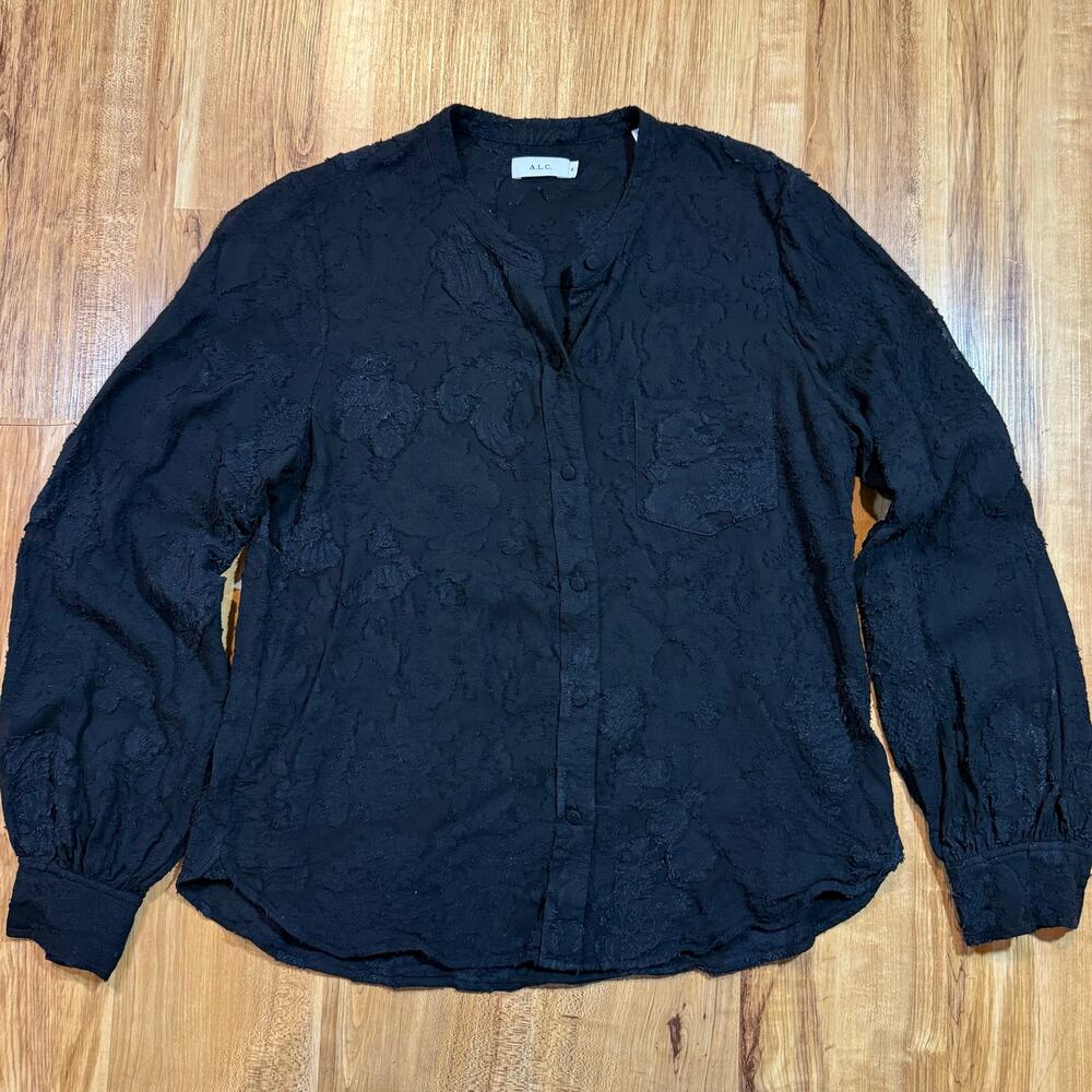 A.L.C. Black Embossed Floral Textured Appliqué Longsleeve Shirt Blouse 8